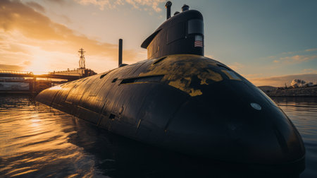 a submarine, docked in the water, showcases the artistry of darktable processing. the image captures a sunbeam in the background, adding a touch of intrigue. the dark and foreboding colors, along with the frequent use of yellow, create a sense of tension. the precisionist lines and sharpness highlight the meticulous attention to detail in this captivating composition. ai generatedの素材