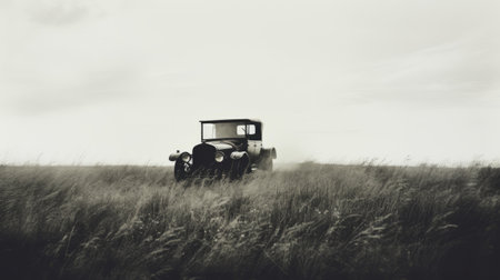 an old vintage vehicle, reminiscent of misty gothic and prairiecore aesthetics, sits gracefully in a field. this monochromatic minimalist portrait captures a captivating sense of movement, drawing inspiration from the works of gustave buchet, alson skinner clark, and kurt hutton. ai generatedの素材