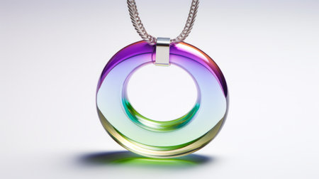 a small pendant featuring vibrant color gradients in light purple and green. the pendant showcases clarity of form and circular shapes, reminiscent of traditional japanese artistic techniques. the photo captures the chromatic aberration effect, highlighting the unique beauty of the pendant. shot with a steinheil quinon 55mm f/1.9 lens. ai generatedの素材