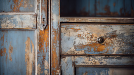 a painted door with a broken handle, featuring a vintage atmosphere in light indigo and dark gold. the soft focus highlights the distressed materials and rough clusters, creating a kitchen still life with a touch of light orange and gray. ai generatedの素材