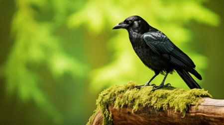 a black raven, captured in a photographically detailed portrait style, is perched on a mossy branch adorned with leaves. the image showcases the raven's dark feathers against the vibrant green moss, creating a visually striking contrast. the use of shallow depth of field adds depth and focus to the subject. this captivating photo combines elements of nature, art, and photography. ai generatedの素材