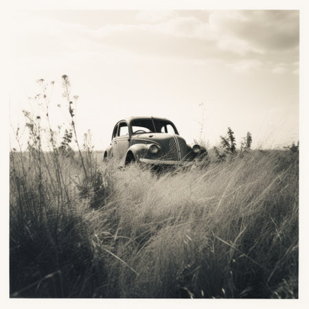 an old car, reminiscent of a graflex speed graphic style, is captured sitting amidst long grass. the monochromatic expressionism adds depth to the light-filled scene, creating an unsettling and lurid mood. this associated press photo showcases the decaying landscapes, beautifully captured on kodak vision3 250d 5207 film. ai generatedの素材