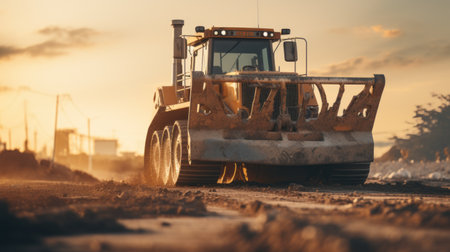 a road stretches ahead, adorned with a bulldozer and loaders. construction equipment looms in the background, creating a scene reminiscent of soft and dreamy depictions. captured at iso 200, the sunrays cast a gentle glow upon the setting. this narrative-driven visual storytelling showcases the exacting precision of the machinery against bold color fields. the photo also captures the essence of environmental portraiture. ai generatedの素材