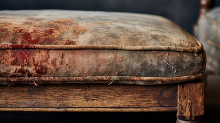 carved wooden footstool with fabric covering, reminiscent of fujifilm x100v style. the photo captures an atmosphere of watercolors, showcasing decadent decay and layered fibers. intense close-ups highlight the unprimed canvas, evoking a sense of modernist surrealism. ai generatedの素材
