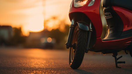 a small black and red motor scooter, captured in the golden light with a subtle atmospheric perspective. the close-up intensity of the zeiss batis 18mm f2.8 lens highlights the light pink and amber tones, creating a captivating essence of the moment. this high-resolution 32k uhd photo showcases the beauty of the scooter in stunning detail. ai generatedの素材