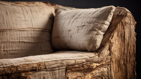 a photo of furniture by iain leach, showcasing naturalistic portraiture style. captured using the tamron sp 70-200mm f/2.8 di vc usd g2 lens, the image highlights the creased, crinkled, and wrinkled textures of the fabrics. the furniture design exhibits primitive influences, while the unprimed canvas adds a raw touch. the photo also features trompe-l'oeil illusionistic details. ai generatedの素材