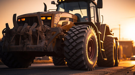 a large tractor drives on a sunlit road, showcasing its dark gray and yellow color scheme. captured in stunning 8k resolution with a pentax 645n camera, this image highlights the precise detailing of the tractor. with a performance-oriented design, this engineering construction vehicle represents the perfect blend of functionality and aesthetics. ai generatedの素材