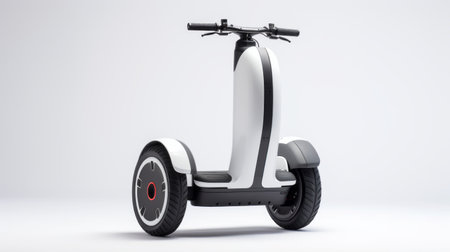 electric segway hover scooter featuring a red rear wheel stands out against a clean white background. the design showcases a whimsical minimalism style with a combination of dark white and gray hues. the scooter's organic sculpting and modularity add to its appeal. the overall aesthetic is enhanced by subtle ink application, incorporating elements of mote kei and a touch of light violet. ai generatedの素材