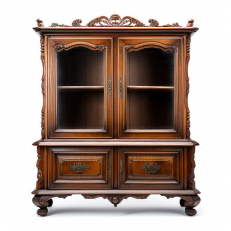 antique italian wooden cabinet isolated on white background. this stock photo showcases a beautifully crafted piece of furniture, reminiscent of aristocratic depictions. the high-key lighting enhances its elegance, while the dutch tradition is evident in its design. the cabinet features layered translucency and intricate carvings resembling books. it also incorporates traditional japanese artistic techniques, adding a touch of uniqueness. the rich brown color adds warmthの素材