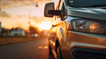 a van drives on the road as the vibrant sunset paints the sky. the photo showcases boldly textured surfaces and a glossy finish, with hues of light bronze and light amber. the singular focus is on the van's auto body works, highlighted by flattering lighting and close-up intensity. ai generatedの素材