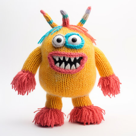 an oversized knitted toy featuring red and blue eyes, designed in a dark yellow, hellish, cartoonish style. the toy showcases gritty textures and incorporates dark pink and light cyan colors. it embodies the essence of grotesque characters, with the clever use of fabric adding to its unique appeal. ai generatedの素材