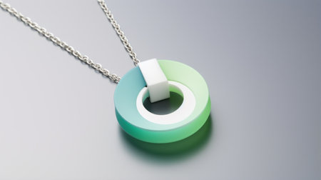 the geometric pendant is a captivating piece crafted from a vibrant green and white plastic material. its design showcases a stunning depth of field effect, with colorful gradients and circular shapes. the pendant's color palette includes shades of gray and aquamarine, creating a visually appealing contrast. this modern accessory is a testament to the beauty of simple yet intricate cad (computer aided design) creations. aiの素材