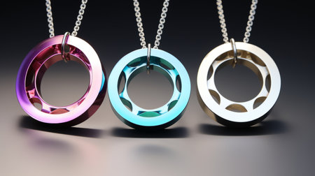 circle pendant with a color palette inspired by anamorphic lens flare. influenced by fuyuko matsui's art, this pendant showcases precision engineering. the dark turquoise and light magenta hues create a captivating contrast. the focus is on the intricate joints and connections, while chrome reflections add a touch of elegance. a perfect blend of mechanical designs and artistic finesse. ai generatedの素材