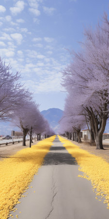 gingko boulevard with lavender trees: a picturesque scene of a breezy boulevard lined with lavender trees on both sides. the golden hues of the trees create a stunning contrast against the yellow lavender biloba covering the ground. in the distance, a majestic mountain adds to the beauty of the landscape. this real shot captures the essence of the lavender biloba in ultra-high resolution. ai generatedの素材