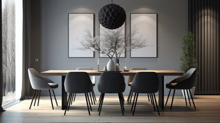 a modern dining room featuring dark wood furniture and grey chairs. the room exudes a realistic yet stylized ambiance, with large canvas sizes showcasing tranquil still life scenes. the dark gray and black color scheme adds a minimalistic japanese touch, while lively tableaus and nature-inspired elements complete the overall aesthetic. ai generatedの素材