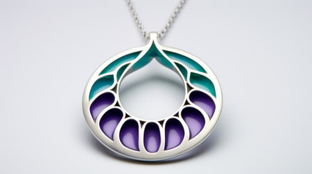 a pendant with smooth curves and intricate cut-outs, showcasing two colors on the front - light cyan and emerald. the back features a dark purple hue. inspired by the calarts and glasgow styles, this pendant exhibits a fusion of melting pots. crafted in light silver and violet, it exudes a unique and captivating aesthetic. ai generatedの素材