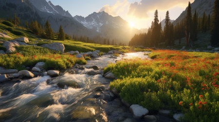 a stream meanders through a picturesque landscape adorned with vibrant flowers and lush grass. bathed in the warm glow of golden light, this stunning photo captures the essence of nature's beauty. with its terragen-like scenery and whistlerian style, the image showcases the exacting precision and nature-inspired imagery reminiscent of national geographic's mountainous vistas. ai generatedの素材