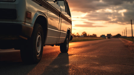 van parked on the side of the road at sunset, captured in a super close-up shot. this low angle photograph, taken with the high detailed sony alpha a7 mark iv, showcases the van's intricate features. the image is realistic and offers a stunning 8k resolution. ai generatedの素材