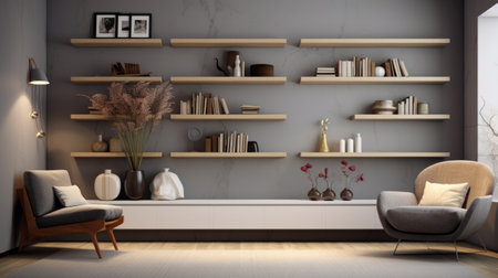 a minimalist room featuring white shelves, a white chair, and a grey sofa. the uhd image showcases bold structural designs and a zen-inspired atmosphere. the earth tone color palette, including dark gray and beige, adds a touch of tranquility. vignetting enhances the overall aesthetic of this stylish and minimalist space. ai generatedの素材