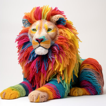 a figurative lion sculpture with vibrant, colorful hair, inspired by the styles of knitted and crocheted artwork. this unique piece draws influence from artists such as erik jones, doug hyde, and karen knorr, as well as the bengal school of art. the sculpture showcases bold chromaticity, reminiscent of captivating wildlife photography. ai generatedの素材