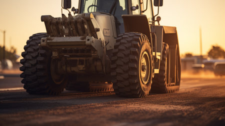 bulldozer parked on the side of the road at sunset, captured in a super close-up shot. this low angle photograph showcases the high level of detail and realism, taken with a sony alpha a7 mark iv. the image is in 8k resolution, emphasizing the intricate features of the bulldozer. ai generatedの素材