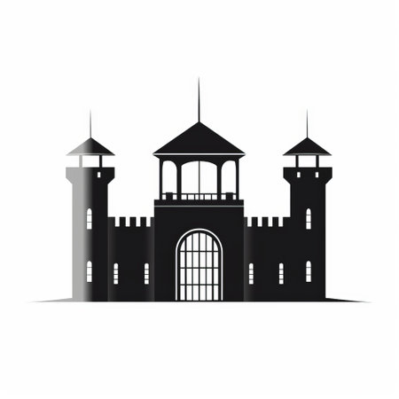 a vector illustration of a contemporary castle with towers and two stories in the background. the illustration showcases an elegant use of negative space, featuring wrought iron and contemporary glass elements. the color palette consists of black and gray, creating a graphic and post-minimalist aesthetic. the castle is highlighted with high-key lighting, adding depth and dimension to the overall composition. ai generatedの素材