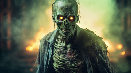 a zombie, in the style of solarizing master berndnaut smilde, stands in a beam of light against a dark background. the hyper-detailed rendering creates a realistic and intense close-up. with a halloween theme, the image captures the selective focus and artistic touch of caras ionut. ai generatedの素材