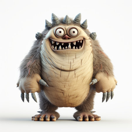 an animated monster, in the style of highly detailed realism, is depicted sitting in a white background. this humorous caricature showcases spiky mounds and is captured in a matte photo with vray lighting. the monster is predominantly light brown and gray, reminiscent of moche art. ai generatedの素材
