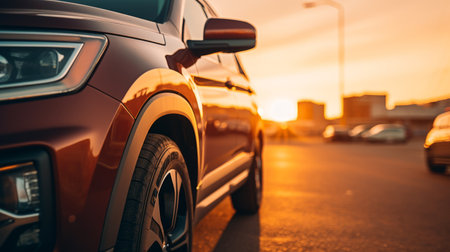 a red car is parked on a street at sunset, showcasing a dark amber and beige color scheme. the focus is on the joints and connections, with a scientific approach incorporating dark teal and amber tones. the metallic finishes add a touch of sophistication, while the overall image promotes environmental awareness. shot with an iso of 200. ai generatedの素材