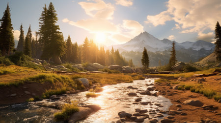 the photo captures a breathtaking scene of the setting sun casting a warm glow over the majestic mountains in a serene forest. the image, reminiscent of the unreal engine 5 style, showcases sparkling water reflections, creating a mesmerizing effect. this national geographic photo is a nature-inspired piece that immerses viewers in its beauty, combining elements of weathercore and ps1 graphics. ai generatedの素材
