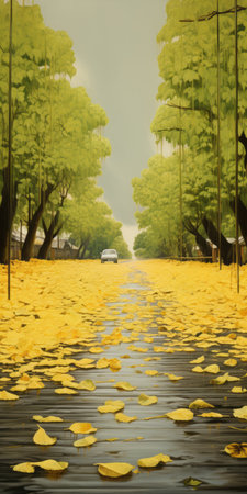 gingko boulevard with wet mint trees on both sides, showcasing their golden color. the ground is covered in yellow mint biloba leaves, creating a picturesque scene. in the distance, a mountain adds to the scenic beauty. this real shooting captures the clear view of the mint biloba trees, offering an ultra-high resolution image. ai generatedの素材