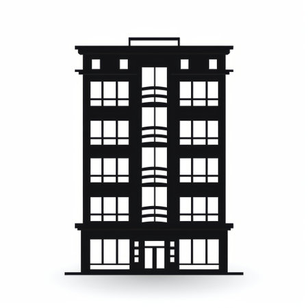 an apartment building in black and white, featuring simplistic cartoon-style stenciled iconography. the high gloss and high-quality finish enhance the vibrant and bold appearance. the clean and sharp inking adds to the late 19th-century aesthetic of the building. ai generatedの素材