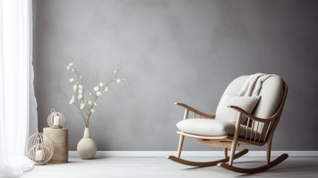 a wooden rocking chair is showcased against a gray wall in this 3d render. the design exudes a zen-like tranquility with its simplicity and monochromatic color palette. the dreamy vignettes, featuring light silver and light beige tones, create a serene and calm ambiance. the minimalist staging enhances the beauty of the chair, capturing a sense of peacefulness. ai generatedの素材