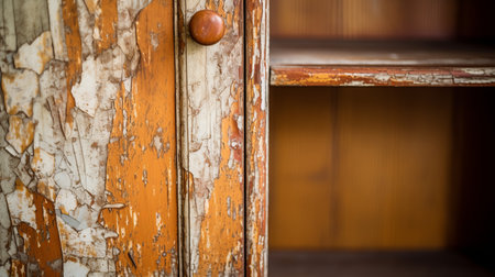 a cabinet door with peeling paint showcasing a light brown and orange color scheme. the soft focus adds a touch of nostalgia to this eclectic curatorial style photograph. captured with a nikon d750, the image highlights bold structural designs and utilizes selective focus techniques. ai generatedの素材
