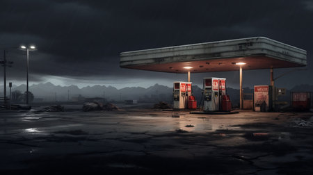 a gas station stands alone under a dark sky, creating an eerie and desolate atmosphere. this hyperrealistic illustration captures the essence of a minimalistic portrait, with its soggy and realistic yet romantic portrayal of a dark environment. the 2d game art style adds to the overall eeriness of the scene, making it a captivating piece of artwork. ai generatedの素材