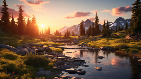 a breathtaking scenery landscape featuring majestic mountains basking in the warm glow of the sun. this photo captures the essence of a playstation 5 screenshot, with impressionist-landscapes and photo-realistic details. the 32k uhd resolution brings out the beauty of the minimalistic serenity, creating a cabincore vibe that could easily grace the pages of national geographic. ai generatedの素材