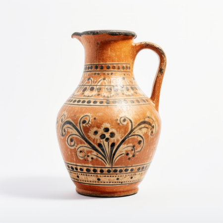 a 19th-century red pitcher, adorned with black and white designs inspired by etruscan art, is showcased in this photo. the pitcher's light brown hue complements the greek art and architecture style. captured with ektachrome, the image features a white background, with hints of light orange and light green. ai generatedの素材