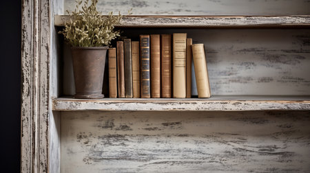 a small bookshelf adorned with antique bottles and books, showcasing a textured composition that exudes austere simplicity. the captivating photograph captures the essence of schlieren photography, australian tonalism, and rustic simplicity. the distressed materials and the harmonious blend of white and brown tones add a touch of vintage charm to this captivating display. ai generatedの素材