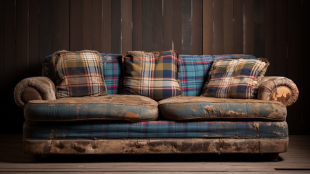a vintage tufted leather couch with plaid cushions is showcased against a wooden wall. the couch exudes a deteriorated charm with its brown and blue color scheme. the overall aesthetic is reminiscent of a soggy, found-object-centric style, characterized by multi-layered textures and the use of ephemeral materials. ai generatedの素材