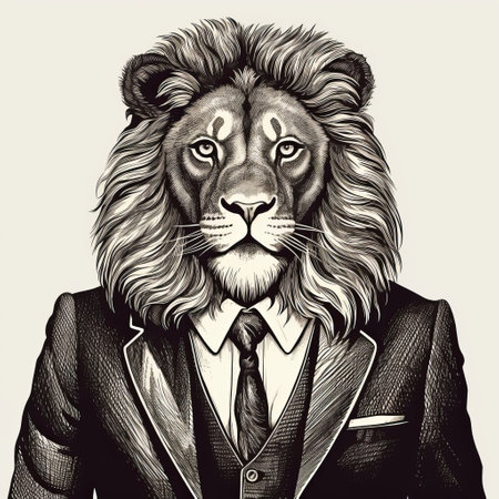 antique woodcut engraving of a lion in a suit, featuring a dark academia vintage halloween outline clipart. this black and white scientific illustration showcases entomology elements with its line art. the simple and clean design stands out against a white background, while the dark academia stylized details give it a vintage victorian style. this monochrome linocut engraving line art has high contrast outline print withの素材