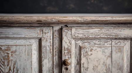 white painted wooden cabinet close up, capturing the style of alain laboile and dusan djukaric. the image showcases decadent decay with a touch of light amber and gray. inspired by carl gustav carus, it evokes a soft atmospheric perspective, highlighting the beauty of weathered materials. ai generatedの素材