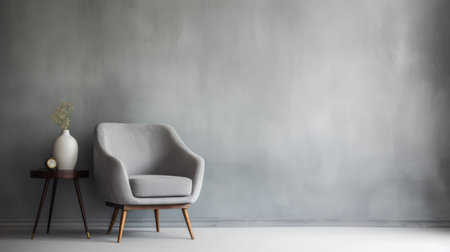 an armchair and table are placed in front of a gray wall, showcasing a serene minimalistic style. the textured background of the polished concrete wall adds depth to the monochromatic color scheme. softly blended hues create a calming atmosphere, while the soft focal points and misty ambiance enhance the overall tranquility. ai generatedの素材