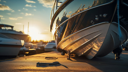 a photo of a sleek sailboat on the water, perfect for sailing, commuting, or fishing. the image showcases the boat against a backdrop of dramatic shadows, with a low-angle perspective. the lighting creates a beautiful contrast between the light gold of the sun and the dark black of the water. the polished concrete adds a modern touch to the scene. this uhd image is renderedの素材