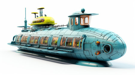 a futuristic submarine, inspired by pop culture mashup, is depicted against a clean white background. this 32k uhd image showcases vibrant aquamarine and amber tones, creating a photo-realistic hyperbole. with its dieselpunk aesthetic, the submarine incorporates elements of celebrity and pop culture references. the use of lensbaby optics adds a unique visual effect to the composition. ai generatedの素材