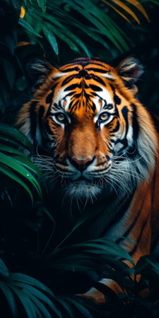 a majestic tiger prowls through a lush forest, its vibrant orange and black stripes contrasting against the vibrant green leaves. this stunning 8k photograph captures the tiger's intense gaze, enhanced by the dramatic chiaroscuro lighting. shot with a nikon af600, this high-quality image showcases the beauty of ultraviolet photography. with meticulous post-processing, this 32k uhd photo immerses viewers in the tiger's captivating world. ai generatedの素材