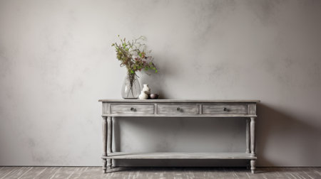 a modern antique console table is showcased in this 3d rendered stock photo. the table is designed in a subtle ink wash style, creating a moody and atmospheric ambiance. the classic still-life composition exudes serene minimalism, reminiscent of the french countryside. the silver and gray tones add a touch of elegance to this freehand painted image. ai generatedの素材