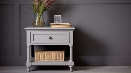 a grey nightstand with glass shelves and a pot, exuding timeless nostalgia. the subtle tonal range and hand-painted details add a touch of subtle realism to this high-quality photo. the lively interiors of the french countryside come to life in this captivating image. ai generatedの素材