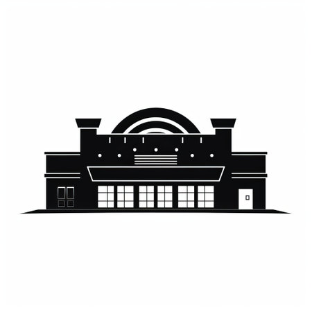 a black and white stylization of a movie cinema, featuring post-minimalist structures and a bold outline. the artwork is reminiscent of grocery art and the northwest school, with a ceramic-like texture. the design is minimalistic yet detailed, creating a realistic rendering of the subject. ai generatedの素材