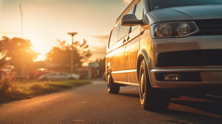 the van parked at sunset showcases a hip-hop inspired style with its light brown and gold color scheme. the soft edges and blurred details add a touch of elegance, while the precise detailing and sharp attention to detail give it a clean and streamlined look. this 32k uhd photo captures the van's unique aesthetic perfectly. ai generatedの素材