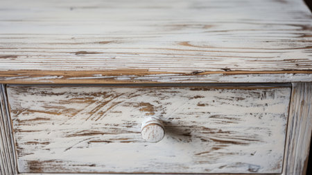 a white piece of furniture sits beside a wooden shelf, showcasing a unique scratched and disintegrated texture. the raw and detailed shot, captured on 70mm, highlights the hard edge painter style. ai generatedの素材